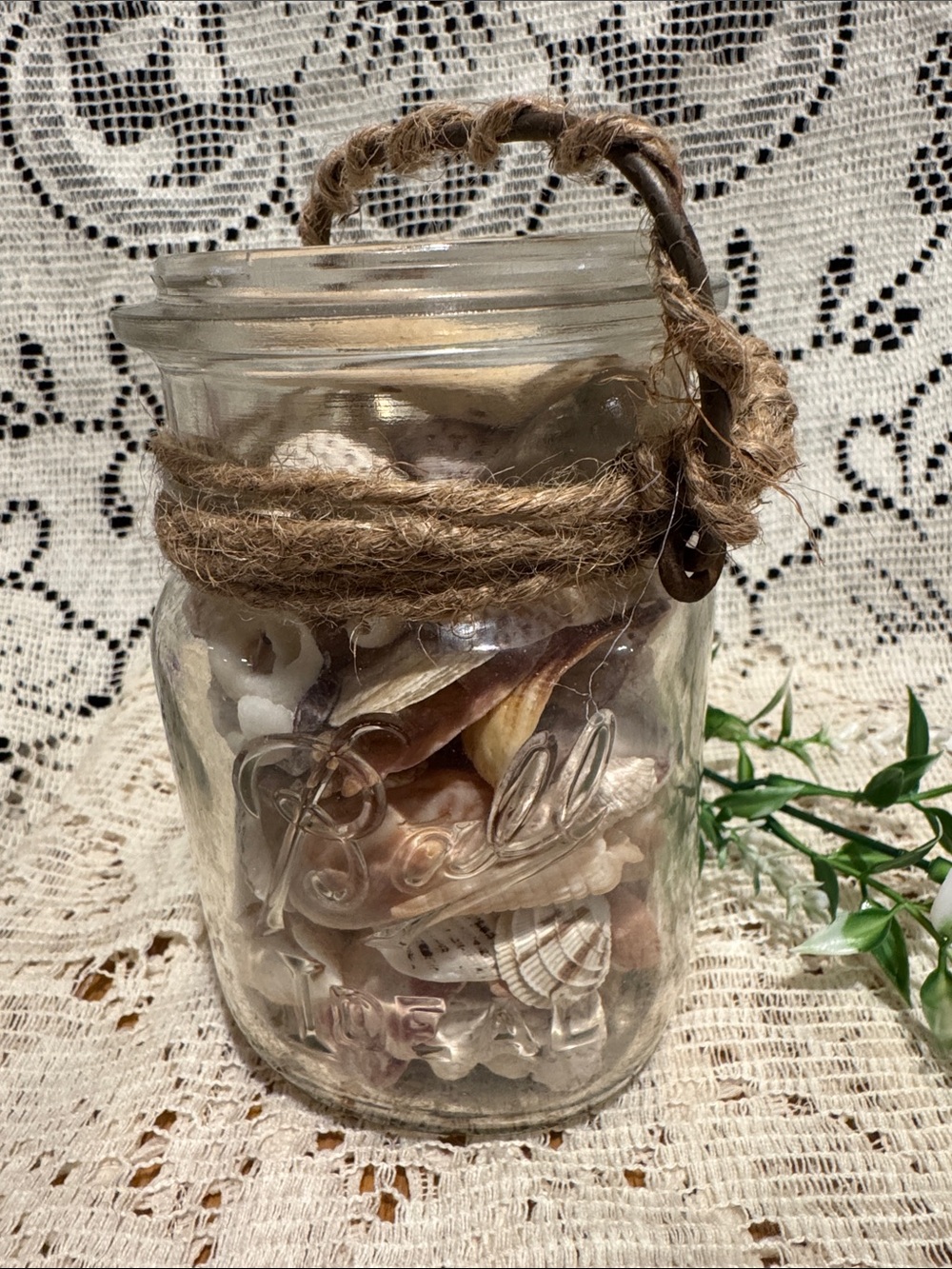 Pint Size Glass Ball Canning Jar with Wire Bail -Filled with Real Seashells